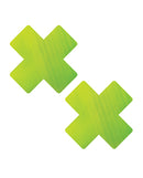 Neva Nude Chameleon Color Changing X Factor Pasties in green and yellow bold X shape design.