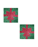 Neva Nude HO HO HO Christmas Gift Pasties Green and Red shaped like glittering wrapped presents in festive colors.