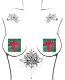 Neva Nude HO HO HO Christmas Gift Pasties Green and Red on a model, featuring glittery present designs.
