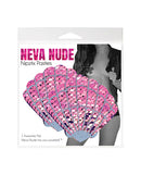 Neva Nude Sequin Mermaid Shell Pasties Iridescent Pink in package, showcasing shimmering pink sequins for festival outfits.