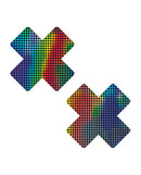Neva Nude Holographic X Factor Pasties Rainbow Black with bold X-shaped design and vibrant color patterns.