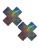 Neva Nude Holographic X Factor Pasties Rainbow Black - X-shaped holographic nipple covers with rainbow shimmer.