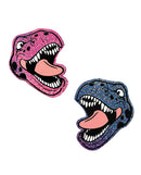 Neva Nude Black Light Dinosaur Pasties Pink and Blue, T-Rex shaped glitter pasties in pink and blue colors.