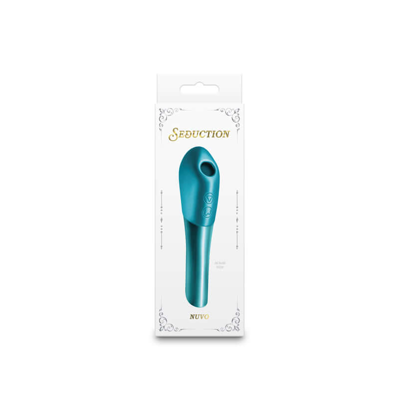 Seduction Nuvo Metallic Teal Dual Motor Mini Vibe with Air Pulse Stimulator in packaging