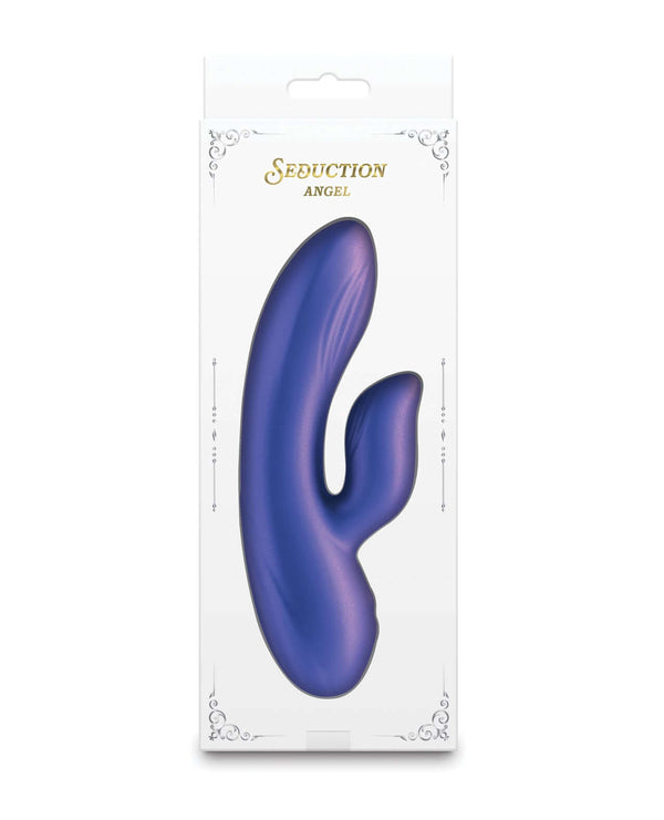 Seduction Angel Metallic Purple rechargeable vibrator by NS Novelties in white packaging