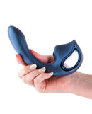 Seduction Kaia Metallic Blue vibrator with posable design for air pulse and G-Spot stimulation held in a hand