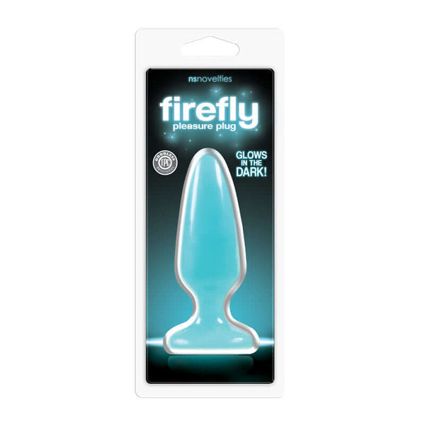 Firefly Pleasure Plug in blue packaging, glows in the dark, made from body-safe TPE for comfortable use.