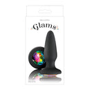 Glams Black Butt Plug Rainbow in stylish packaging with smooth tapered shape and rainbow gem base.