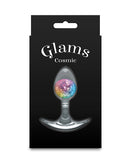 Cosmic Glams Small Silicone Butt Plug Rainbow in sleek packaging with colorful glass marble design.