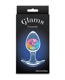 Cosmic Glams Medium Butt Plug Rainbow packaging featuring glass marble and silicone design.