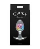 Cosmic Glams Medium Butt Plug Rainbow packaging featuring a sparkling internal glass marble and smooth silicone design.