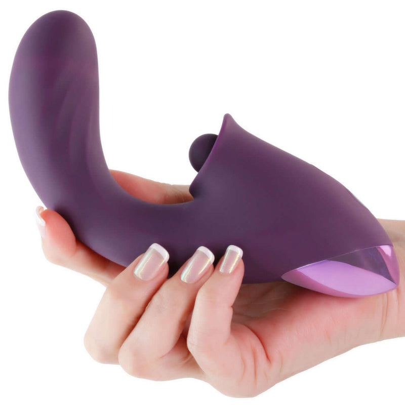 Inya Caprice Purple vibrator with thrusting and percussive vibrations for G-Spot and clitoral stimulation, held in a hand.