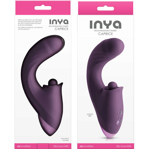 Inya Caprice Purple vibrator packaging showing thrusting and percussive design for G-Spot and clitoral stimulation