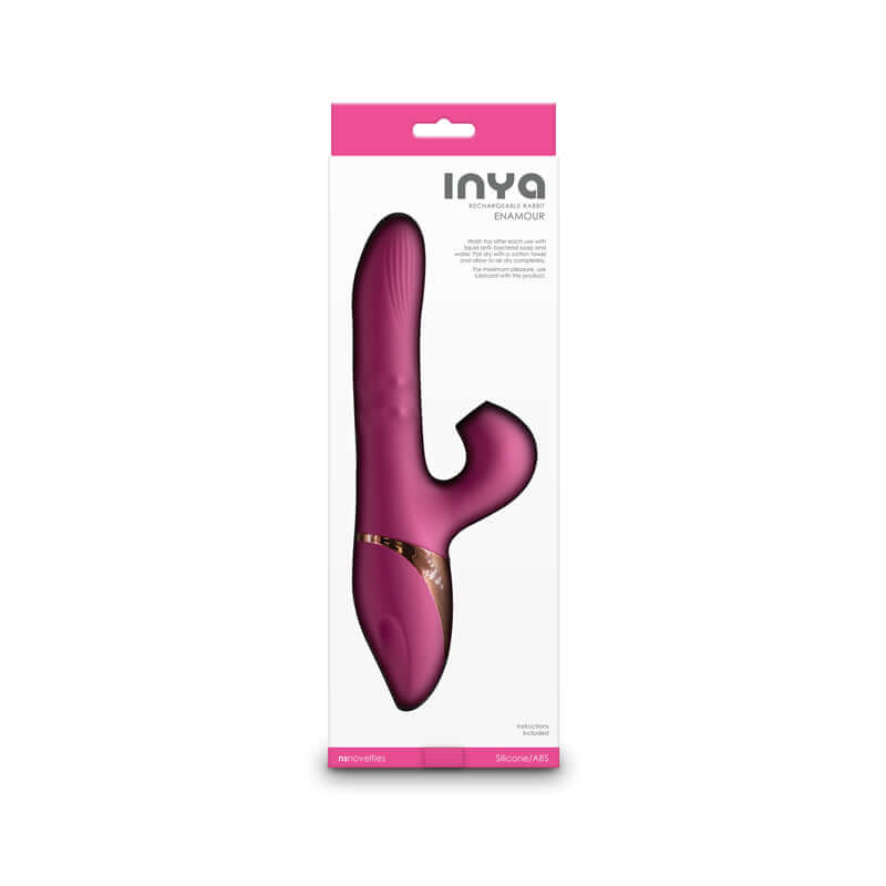 Inya Enamour rechargeable silicone rabbit vibrator in pink packaging, showcasing its unique design and features.