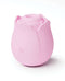 Rechargeable pink rose-shaped clitoral stimulator made of body-safe silicone, waterproof and ergonomically designed.