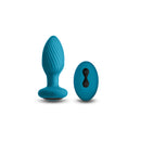 Inya Alpine Rechargeable Anal Plug with Remote Control Teal next to its wireless remote control, designed for anal pleasure.