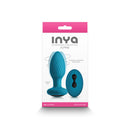 Inya Alpine Rechargeable Anal Plug with Remote Control Teal packaging featuring its ergonomic design and gyrating motor.