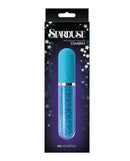 Stardust Charm Glass Vibrator Blue in packaging, featuring a blue design and Swarovski crystal accents.