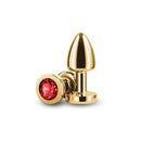 Rear Assets Aluminum Anal Plug Petite Gold Red with red jewel accents, ideal for stylish beginner-friendly play.