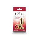 Rear Assets Aluminum Anal Plug Petite Gold Red packaging featuring a shiny metallic plug with red gem.