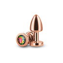 Rear Assets Aluminum Anal Plug Petite Rose Gold Rainbow showcasing elegant design and colorful gem.