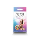 Rear Assets Aluminum Anal Plug Petite Rose Gold Rainbow packaging with colorful design and product details.