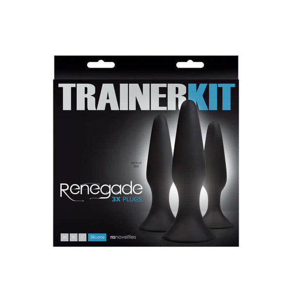 Renegade Sliders 3-Piece Anal Trainer Kit packaging showing three black silicone butt plugs with suction base.