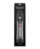 Renegade Warrior Waterproof Penis Pump Black in packaging, showcasing its motorized design and waterproof capabilities.