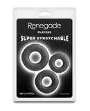 Renegade Players Silicone Cock Ring Set Black packaging showcasing three stretchy silicone rings for enhanced pleasure.
