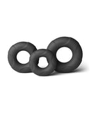 Renegade Players Silicone Cock Ring Set Black featuring three stretchy rings in varying sizes.