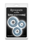 Renegade Players Silicone Cock Ring Gray packaging showcasing three super stretchable silicone rings.