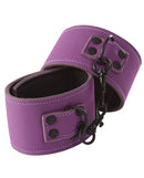 Lust Bondage Wrist Cuffs Purple featuring a sleek design with Velcro closures and black hardware for reliable restraint.