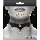 Adjustable Jezebel Collar with gold accents and pearls by Fetish & Fashion in black PU material displayed in elegant packaging.