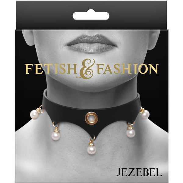 Adjustable Jezebel Collar with gold accents and pearls by Fetish & Fashion in black PU material displayed in elegant packaging.