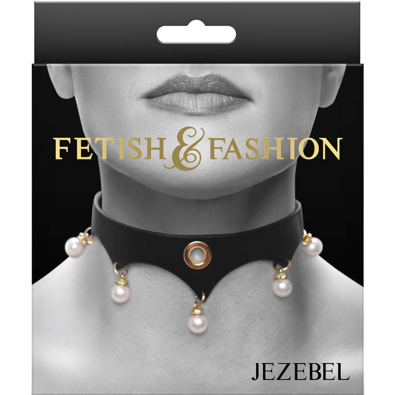 Adjustable Jezebel Collar with gold accents and pearls by Fetish & Fashion in black PU material displayed in elegant packaging.