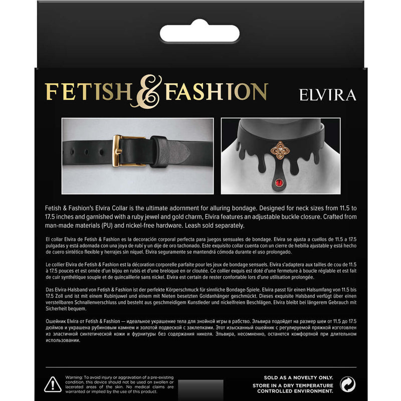 Fetish & Fashion Elvira Collar Black packaging - Elegant bondage collar with adjustable buckle, ruby jewel, and gold charm.
