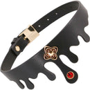 Elegant black Elvira bondage collar with ruby jewel and gold charm, adjustable buckle closure for neck sizes 11.5 to 17.5 inches
