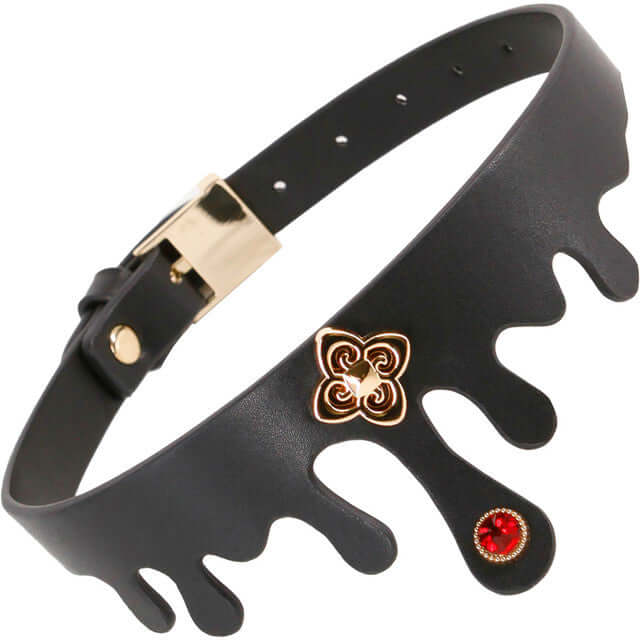 Elegant black Elvira bondage collar with ruby jewel and gold charm, adjustable buckle closure for neck sizes 11.5 to 17.5 inches