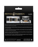 Fetish & Fashion Sadie Collar packaging showing black adjustable PU collar with O-ring, fits neck sizes 11.5 to 16.5 inches