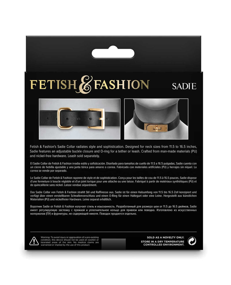 Fetish & Fashion Sadie Collar packaging showing black adjustable PU collar with O-ring, fits neck sizes 11.5 to 16.5 inches