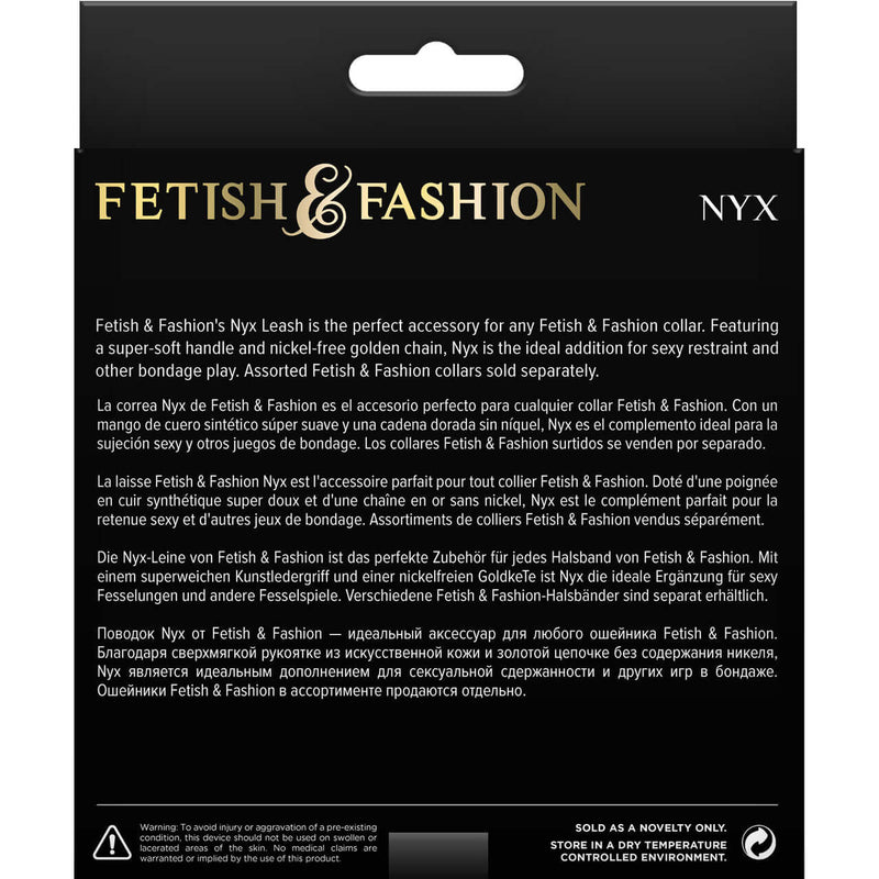 Fetish & Fashion Nyx Leash black packaging with product description in multiple languages