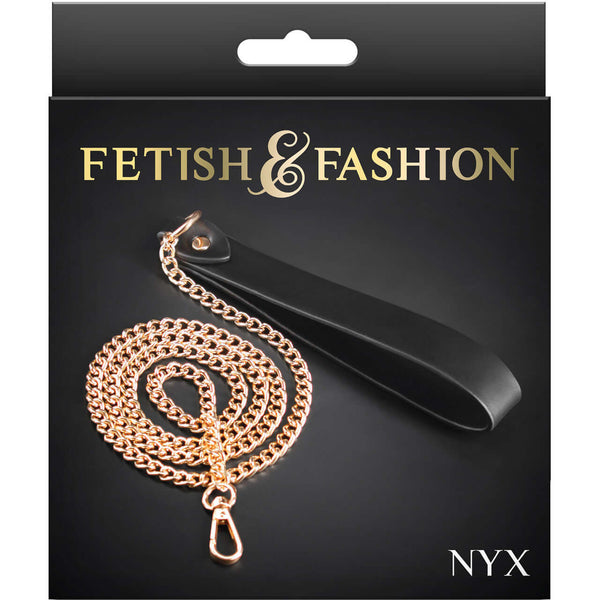 Fetish & Fashion Nyx Leash with Luxurious Soft Handle and Nickel-Free Golden Chain in Black Packaging