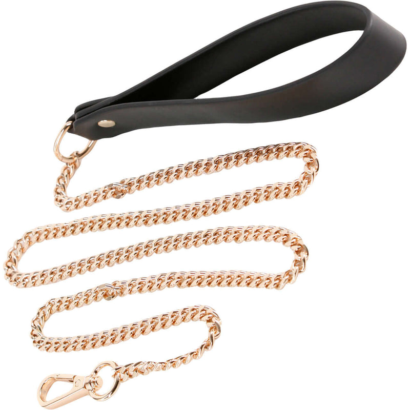 Luxurious black Nyx leash with soft handle and nickel-free golden chain for bondage play and restraint.