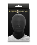 Fetish & Fashion Zippered Mouth Hood Black packaging showcasing its bold design and zipper feature for sensory play.