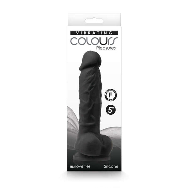 Colours Pleasures 5-inch vibrating dildo in black packaging, made of silicone for enhanced sensations.