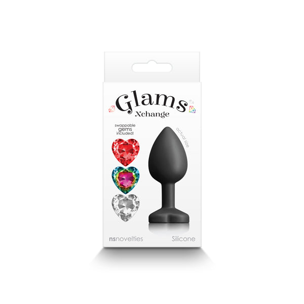 Glams Xchange Heart Silicone Anal Plug Small Black packaging with interchangeable gem designs.