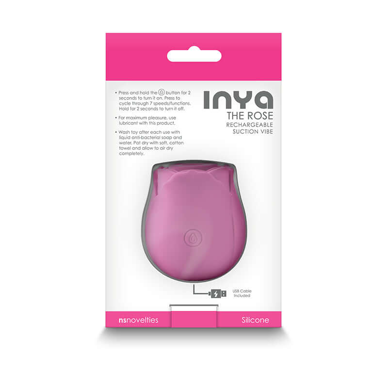 Inya The Rose Rechargeable Suction Clitoral Stimulator Pink in elegant packaging showcasing its discreet design and features.