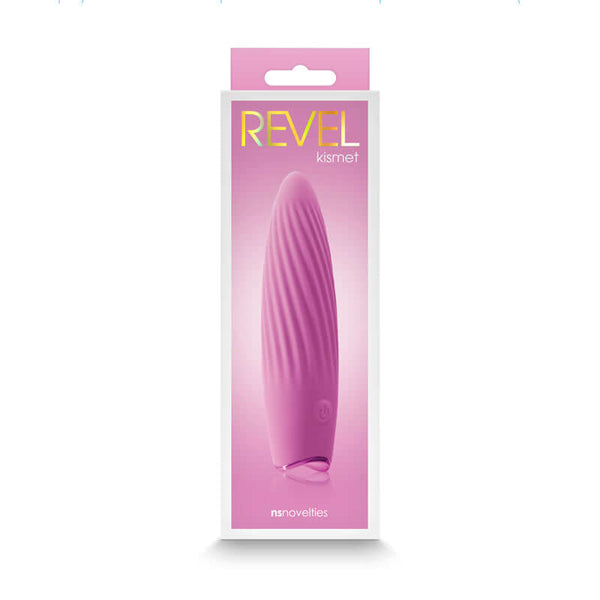 Revel Kismet rechargeable silicone vibrator in pink packaging by NS Novelties, designed for ultimate pleasure.