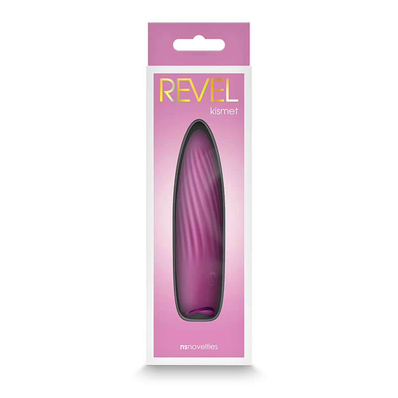 Revel Kismet rechargeable silicone vibrator in pink packaging, designed for luxury and pleasure.