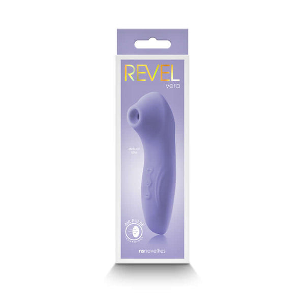Revel Vera Rechargeable Silicone Clitoral Stimulator in Purple packaging with air pulse technology.